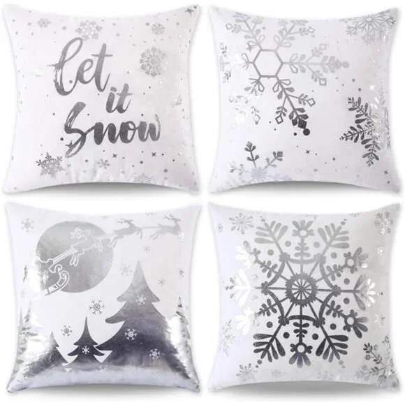 Set of 4, Christmas Decorations Silver and White Christmas Pillow Covers 18x18" - Picture 3 of 9